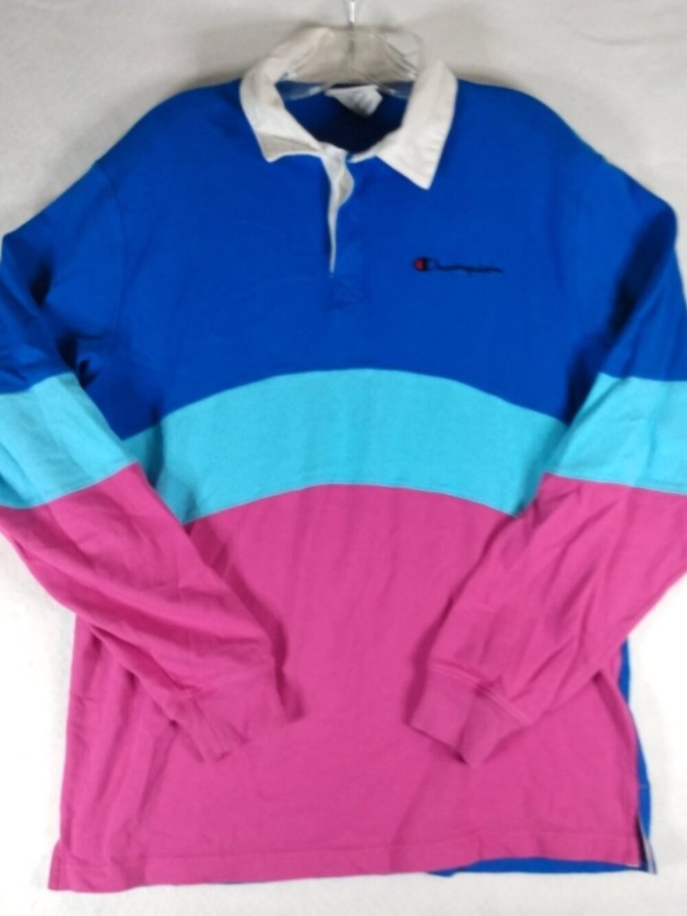 Champion Color Block Rugby Polo Shirt Men's L Logo Wide Stripe Long Sleeve 90s - Picture 1 of 5